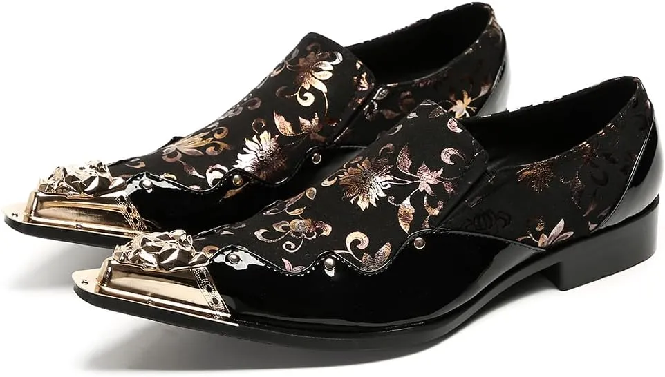 Men's Luxury Dress Loafers Floral Pattern Patent Leather Loafers with Gold Metal Toe Rose Gold Flower Print Slip-on Formal Shoes