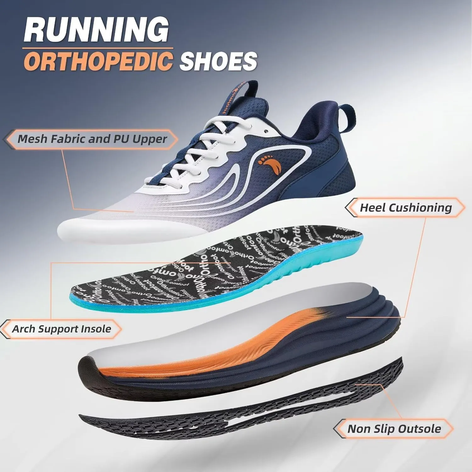 Men's Orthopedic Road Running Sneakers: Comfortable Casual Arch Supports Plantar Fasciitis Orthotic Sports Athletic Shoes, Flat Feet High Arch Tennis Work Walking Shoes for Foot Heel and Pain Relief