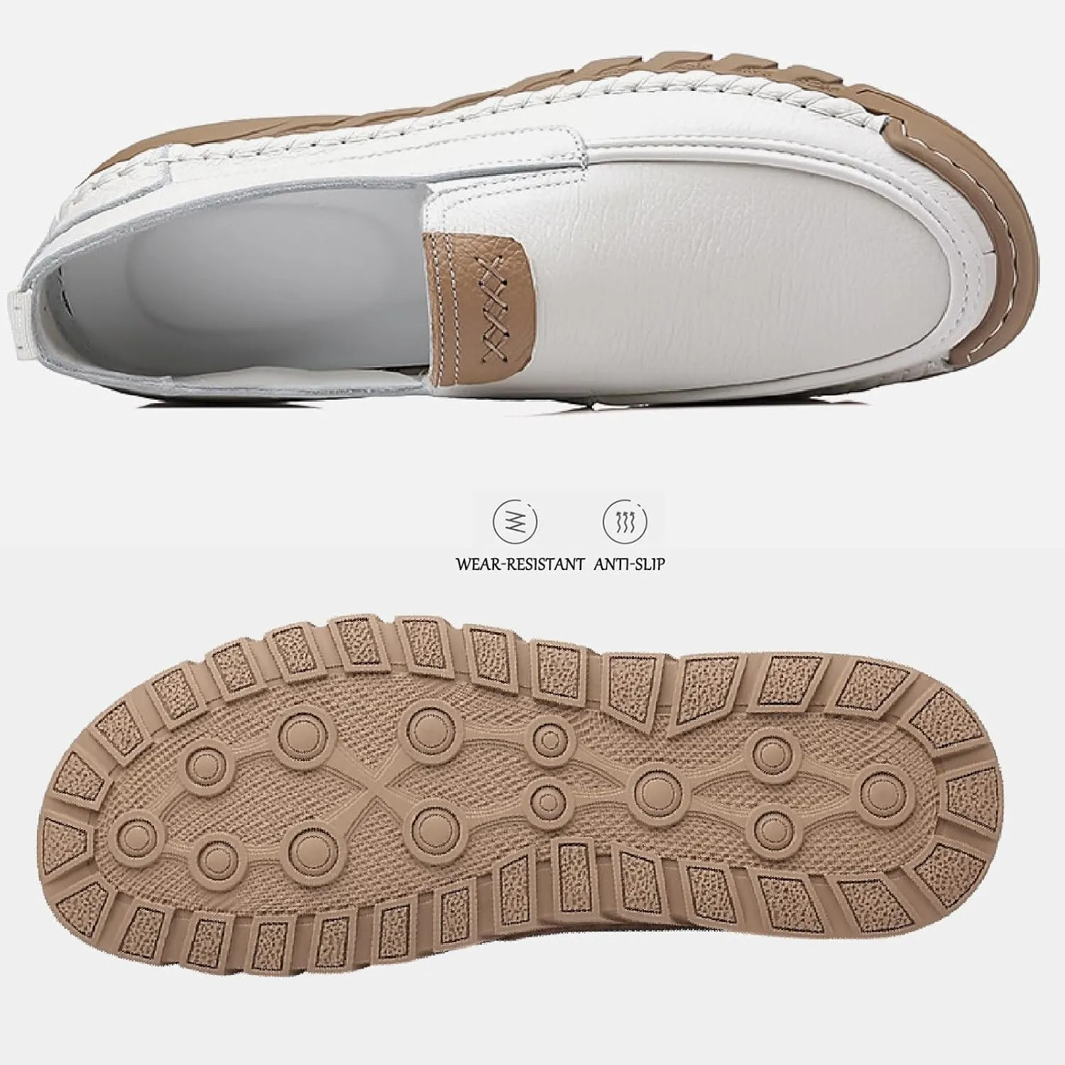 Men's Soft Leather Flat Boat Shoe Round Toe Hand Stitching Soft Platform Anti-Slip Driving Sneakers Outdoor Comfort Lightweight Casual Shoe