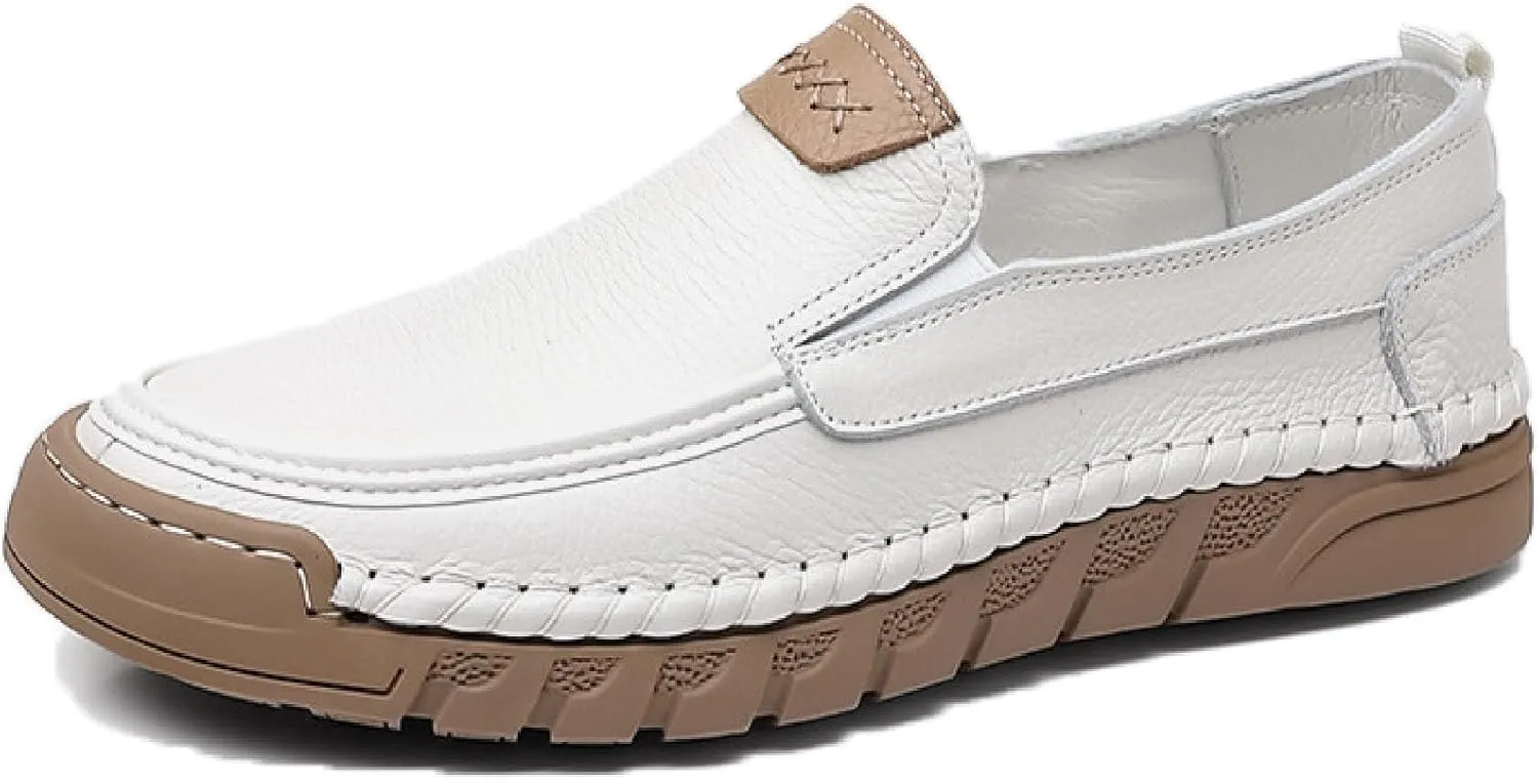 Men's Soft Leather Flat Boat Shoe Round Toe Hand Stitching Soft Platform Anti-Slip Driving Sneakers Outdoor Comfort Lightweight Casual Shoe