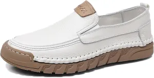 Men's Soft Leather Flat Boat Shoe Round Toe Hand Stitching Soft Platform Anti-Slip Driving Sneakers Outdoor Comfort Lightweight Casual Shoe