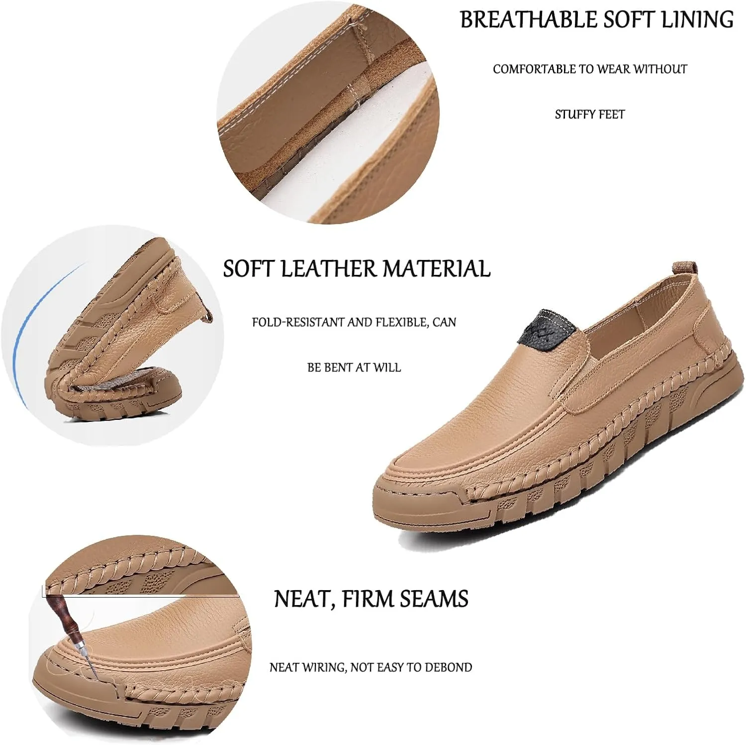 Men's Soft Leather Flat Boat Shoe Round Toe Hand Stitching Soft Platform Anti-Slip Driving Sneakers Outdoor Comfort Lightweight Casual Shoe