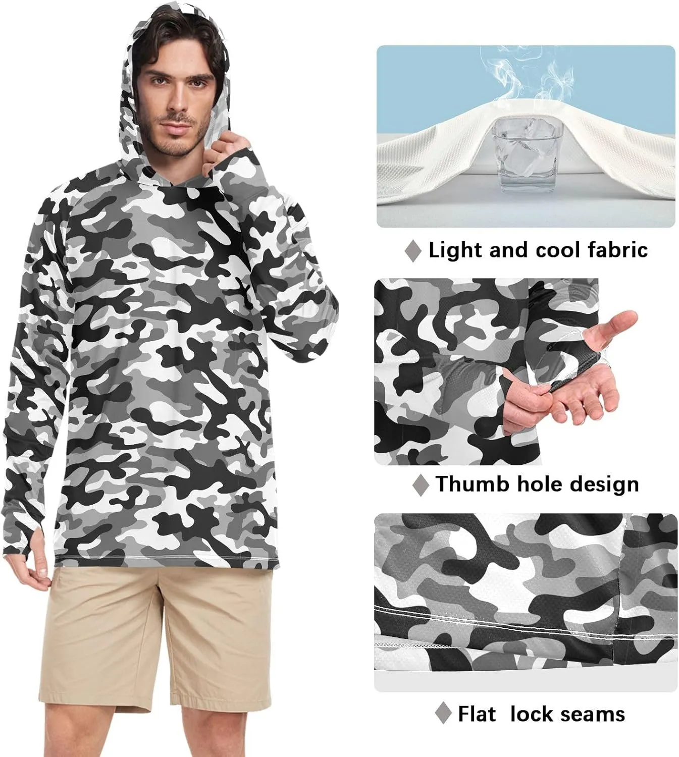 Men's Sun Protection Hoodie Long Sleeve Camo Mens Sun Shirts UPF 50  Beach Hoodies UV Rashguard for Men