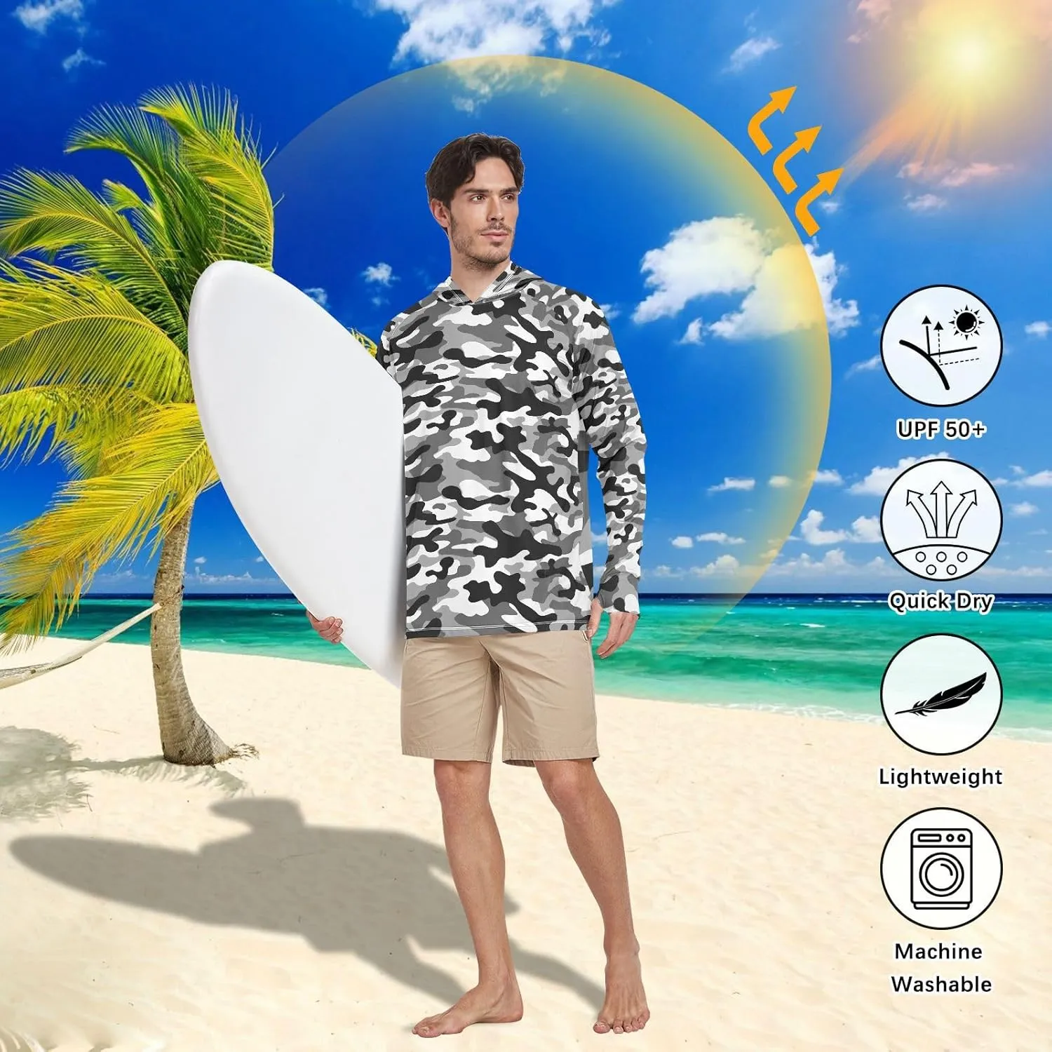 Men's Sun Protection Hoodie Long Sleeve Camo Mens Sun Shirts UPF 50  Beach Hoodies UV Rashguard for Men