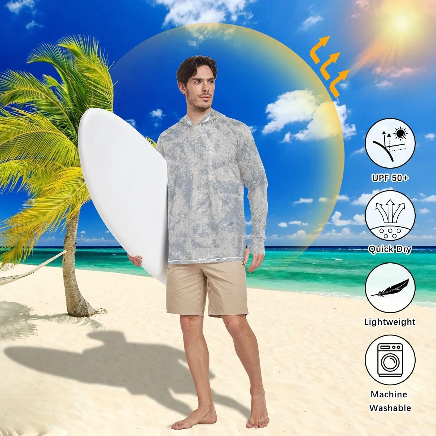 Mens Sun Protection Hoodie Long Sleeve French Farmhouse Fishing Shirt UPF 50  Sun Hoodies Rash Guard Men