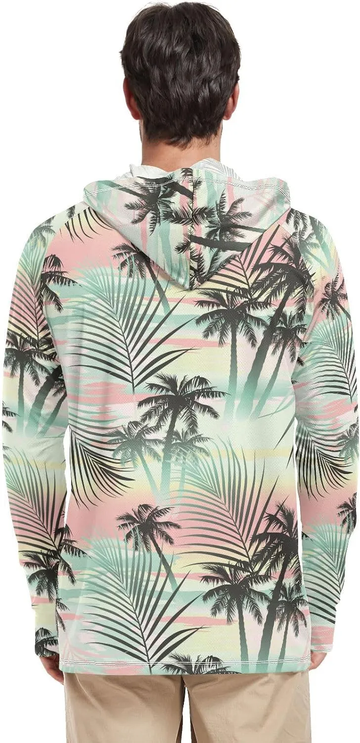 Mens Sun Shirts Protection Long Sleeve Tropical Summer Palms Sun Shirt with Hood UPF 50  Sailing Rash Guard UV Rash