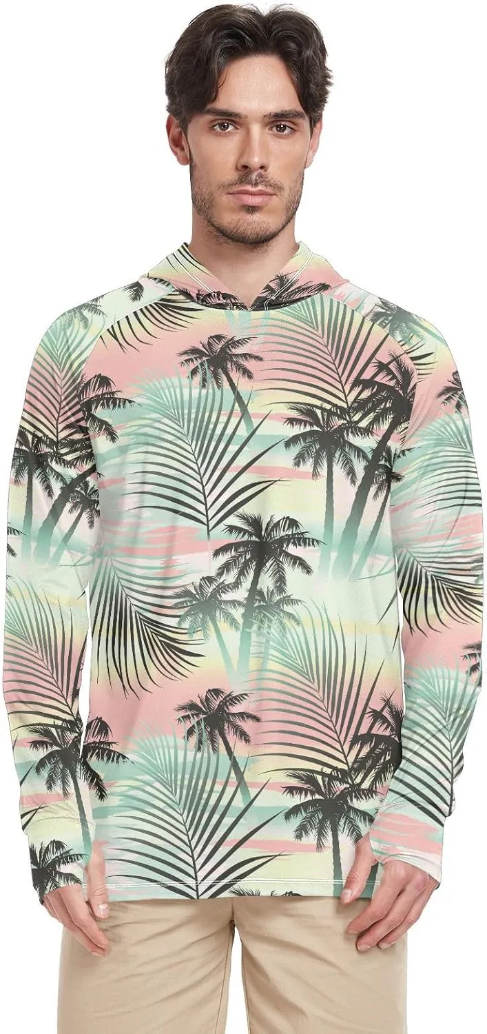 Mens Sun Shirts Protection Long Sleeve Tropical Summer Palms Sun Shirt with Hood UPF 50  Sailing Rash Guard UV Rash