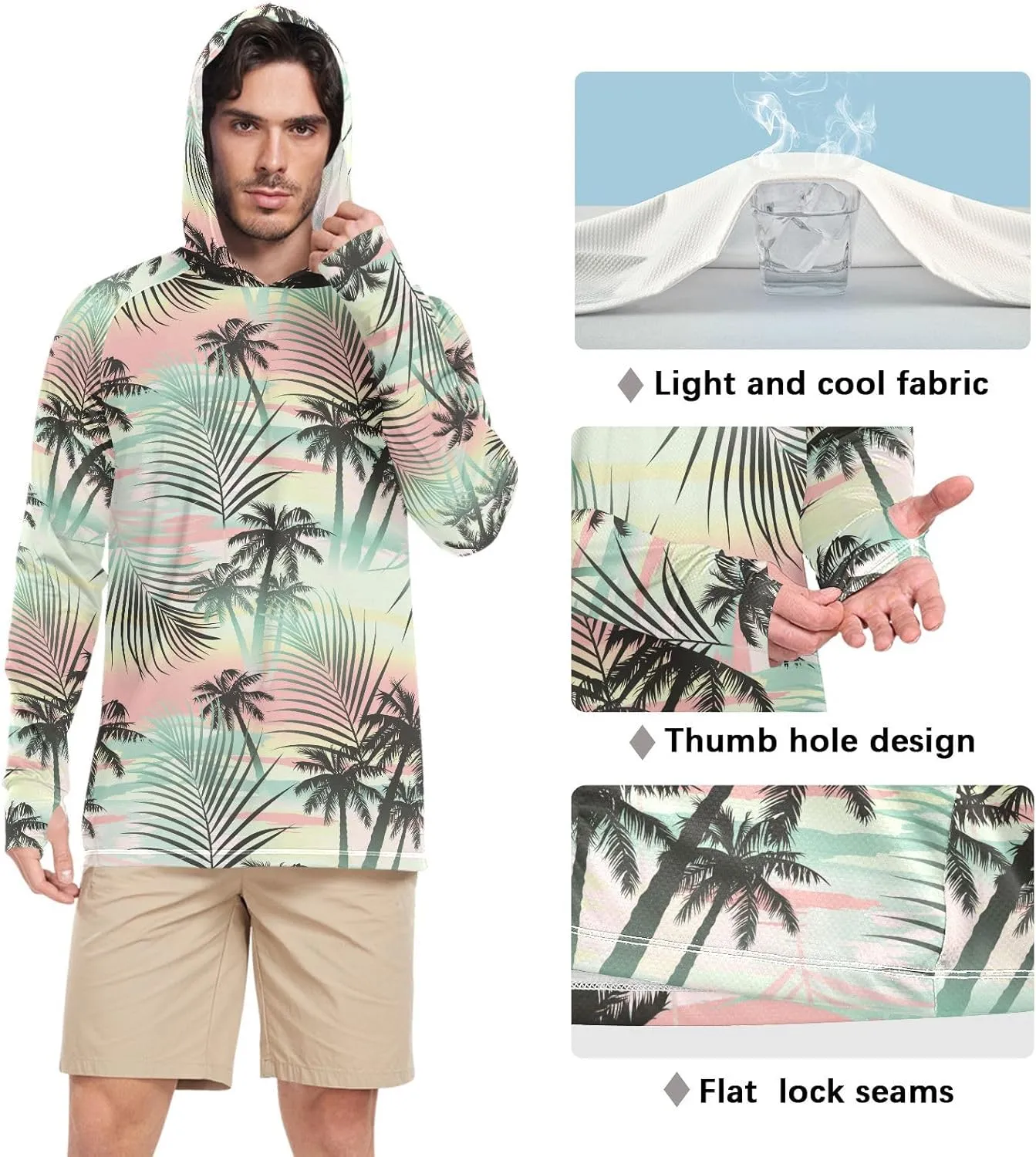 Mens Sun Shirts Protection Long Sleeve Tropical Summer Palms Sun Shirt with Hood UPF 50  Sailing Rash Guard UV Rash