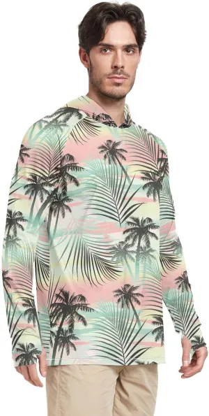 Mens Sun Shirts Protection Long Sleeve Tropical Summer Palms Sun Shirt with Hood UPF 50  Sailing Rash Guard UV Rash