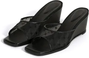 Mesh Wedge Sandals for Women Platform Espadrille Raffia Square Open Toe Slide Mule Sandal Casual Comfortable Summer Dress Shoes