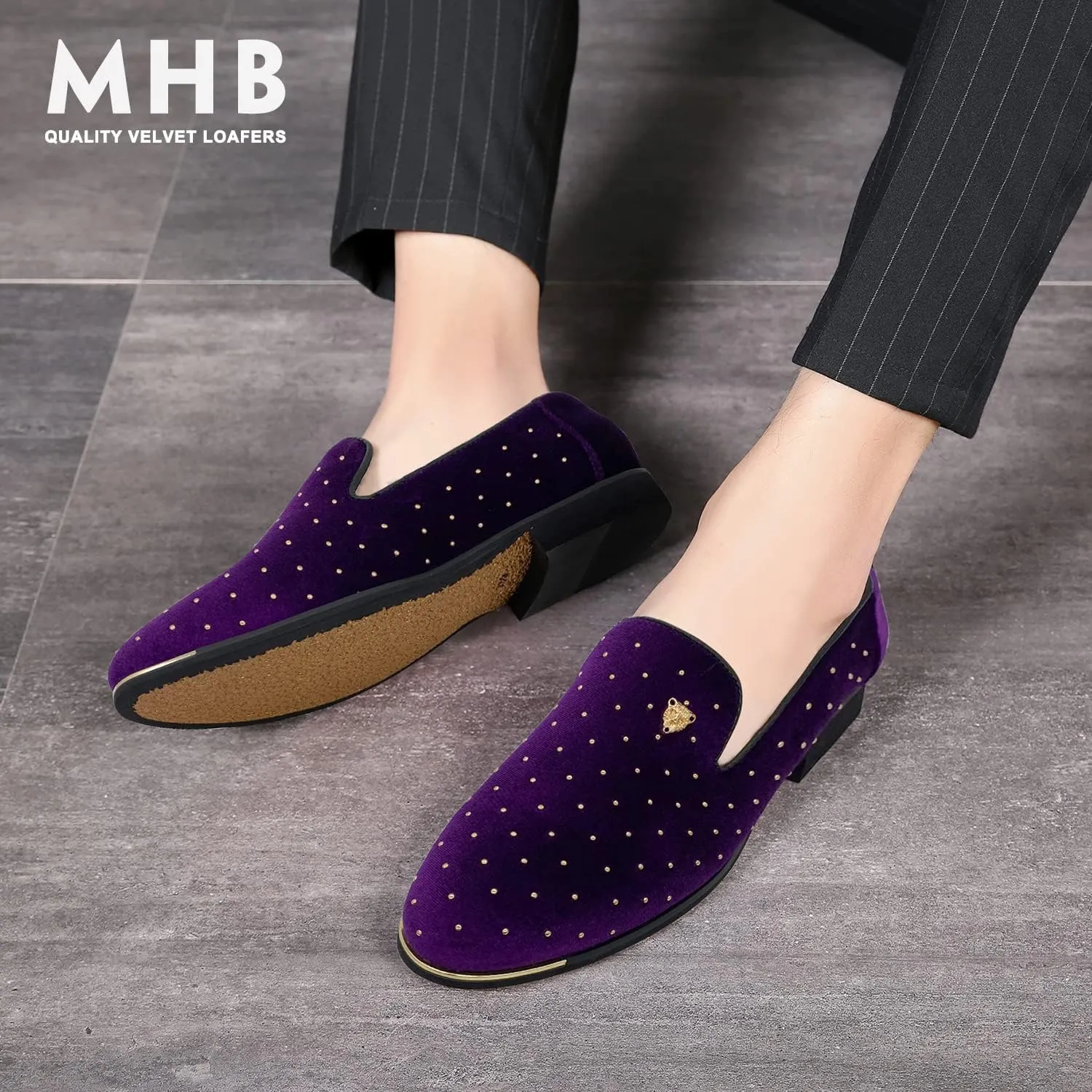 MHB Men's Luxury Velvet Loafers Pointed-Toe Slip-on Suede Dress Shoes for Men Rivet Smoking Slipper Fashion Lightweight