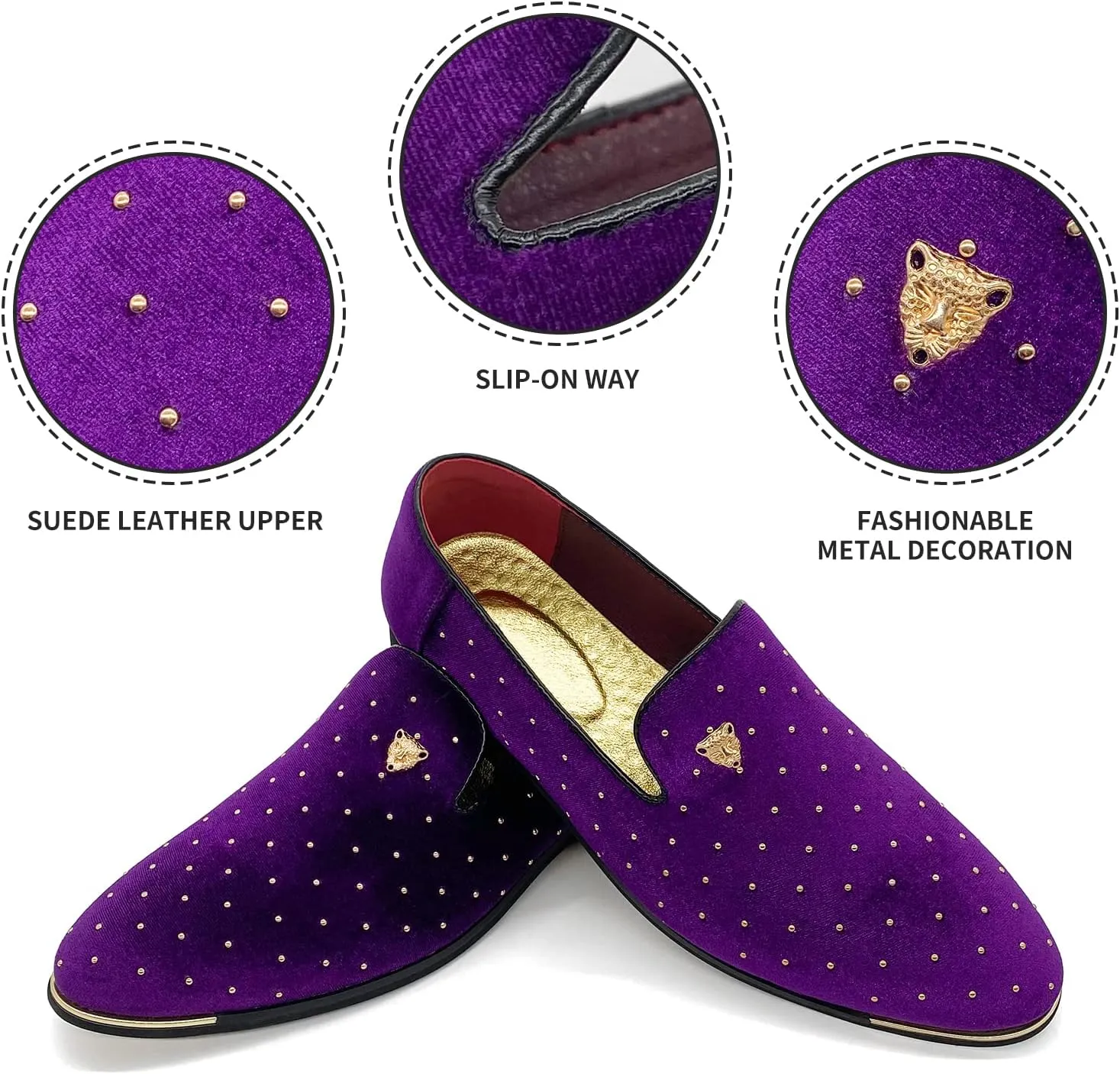 MHB Men's Luxury Velvet Loafers Pointed-Toe Slip-on Suede Dress Shoes for Men Rivet Smoking Slipper Fashion Lightweight