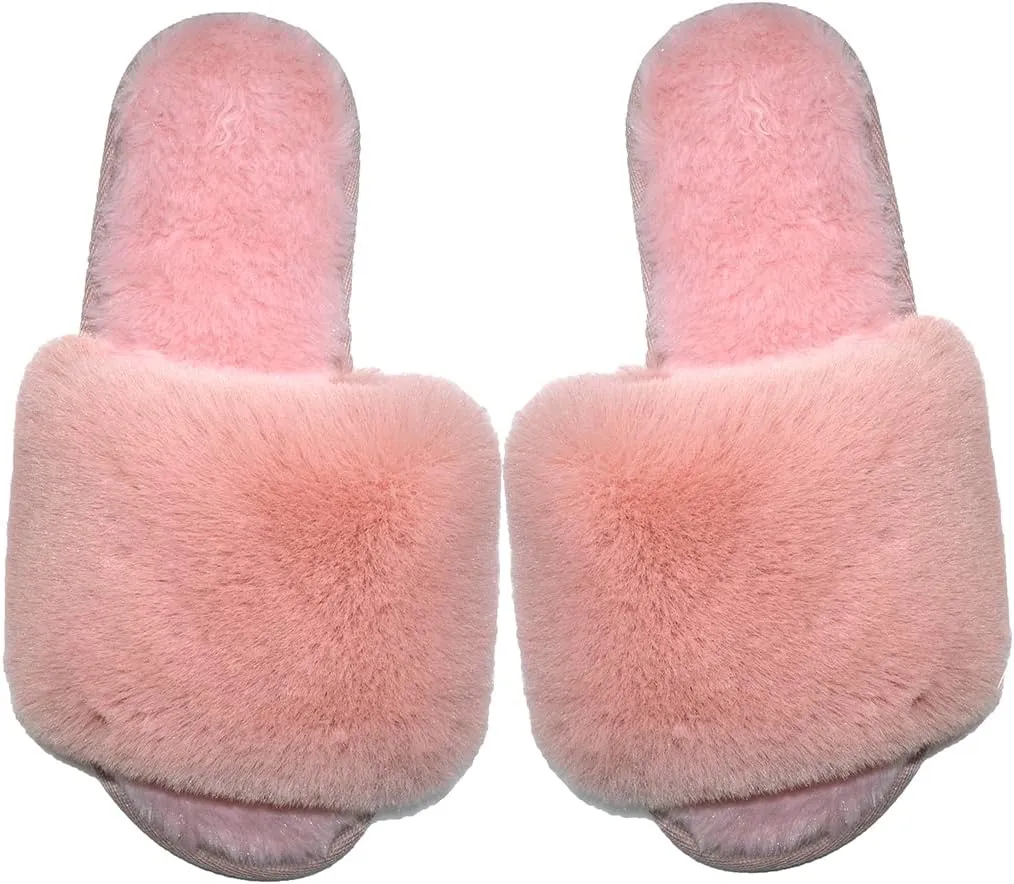 Millffy Women Fluffy Ladies Slippers Faux Wool Fuzzy Slippers Chic Luxurious Open Toed Soft Fur Slippers