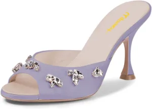 Milooey shoes Women's Peep Toe Stiletto Mules Glitter Rhinestone Studded Heeled Sandals High Heels Slides Backless Dressy Slipper Wedding Party Shoes Size 4-16 US