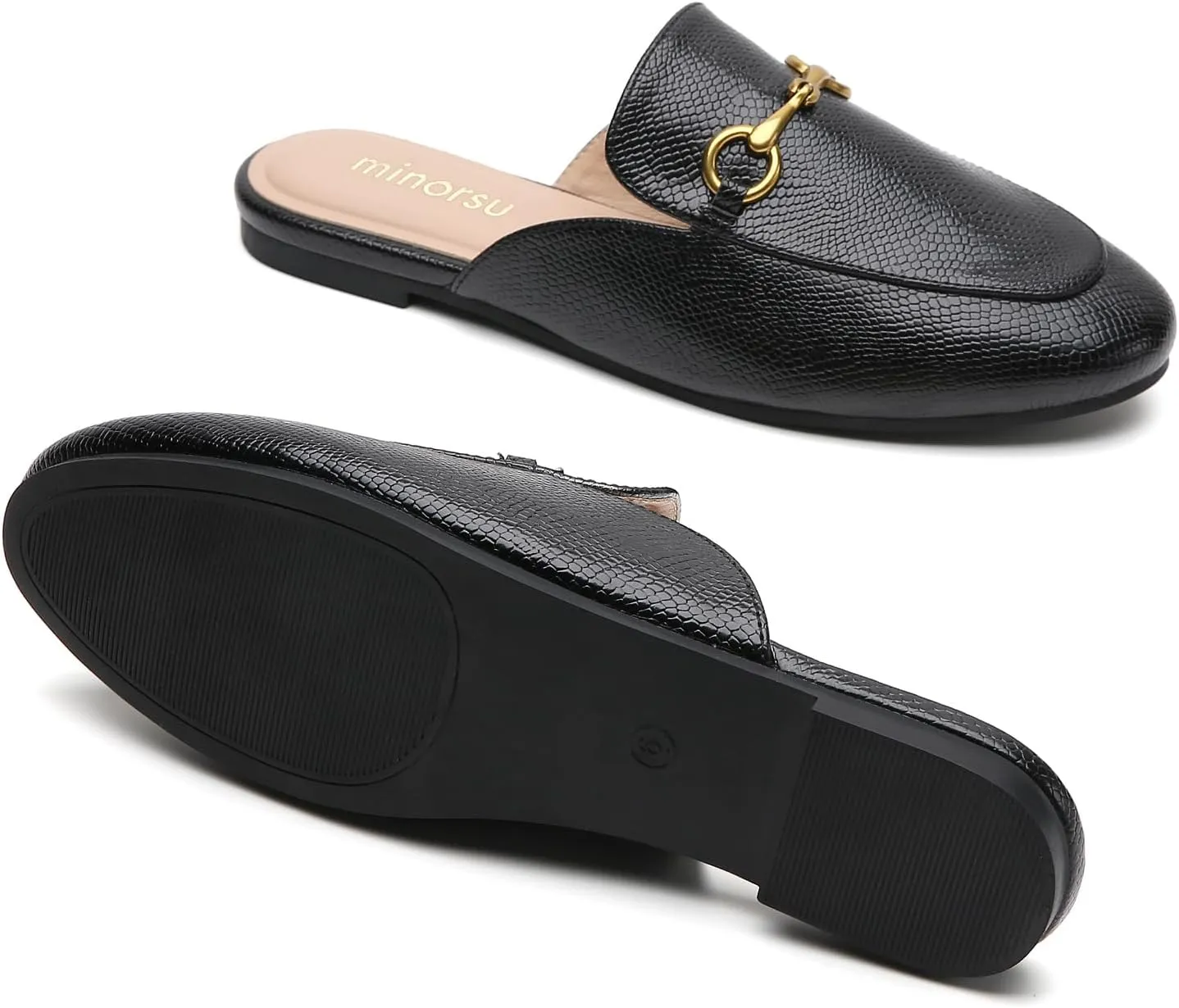 Minorsu Women's Black Animal Print Buckle Mules - Memory Foam Insole - Low Heel - Casual Mule Shoes