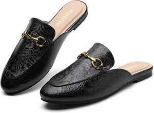Minorsu Women's Black Animal Print Buckle Mules - Memory Foam Insole - Low Heel - Casual Mule Shoes