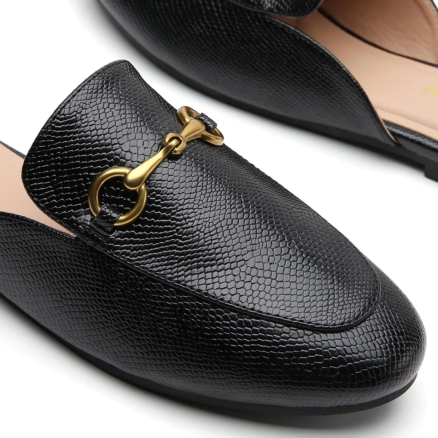 Minorsu Women's Black Animal Print Buckle Mules - Memory Foam Insole - Low Heel - Casual Mule Shoes