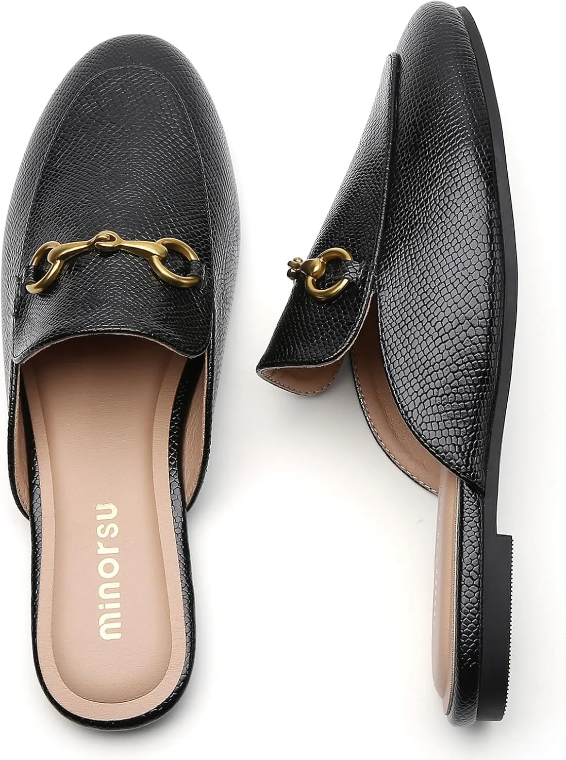 Minorsu Women's Black Animal Print Buckle Mules - Memory Foam Insole - Low Heel - Casual Mule Shoes
