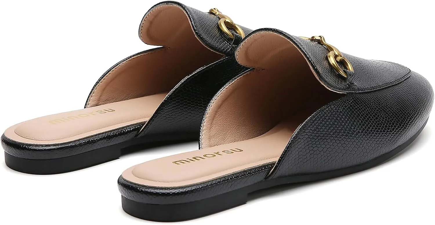 Minorsu Women's Black Animal Print Buckle Mules - Memory Foam Insole - Low Heel - Casual Mule Shoes
