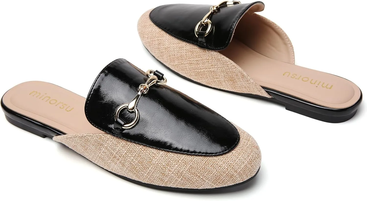Minorsu Women's Black Animal Print Buckle Mules - Memory Foam Insole - Low Heel - Casual Mule Shoes