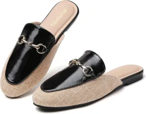 Minorsu Women's Black Animal Print Buckle Mules - Memory Foam Insole - Low Heel - Casual Mule Shoes