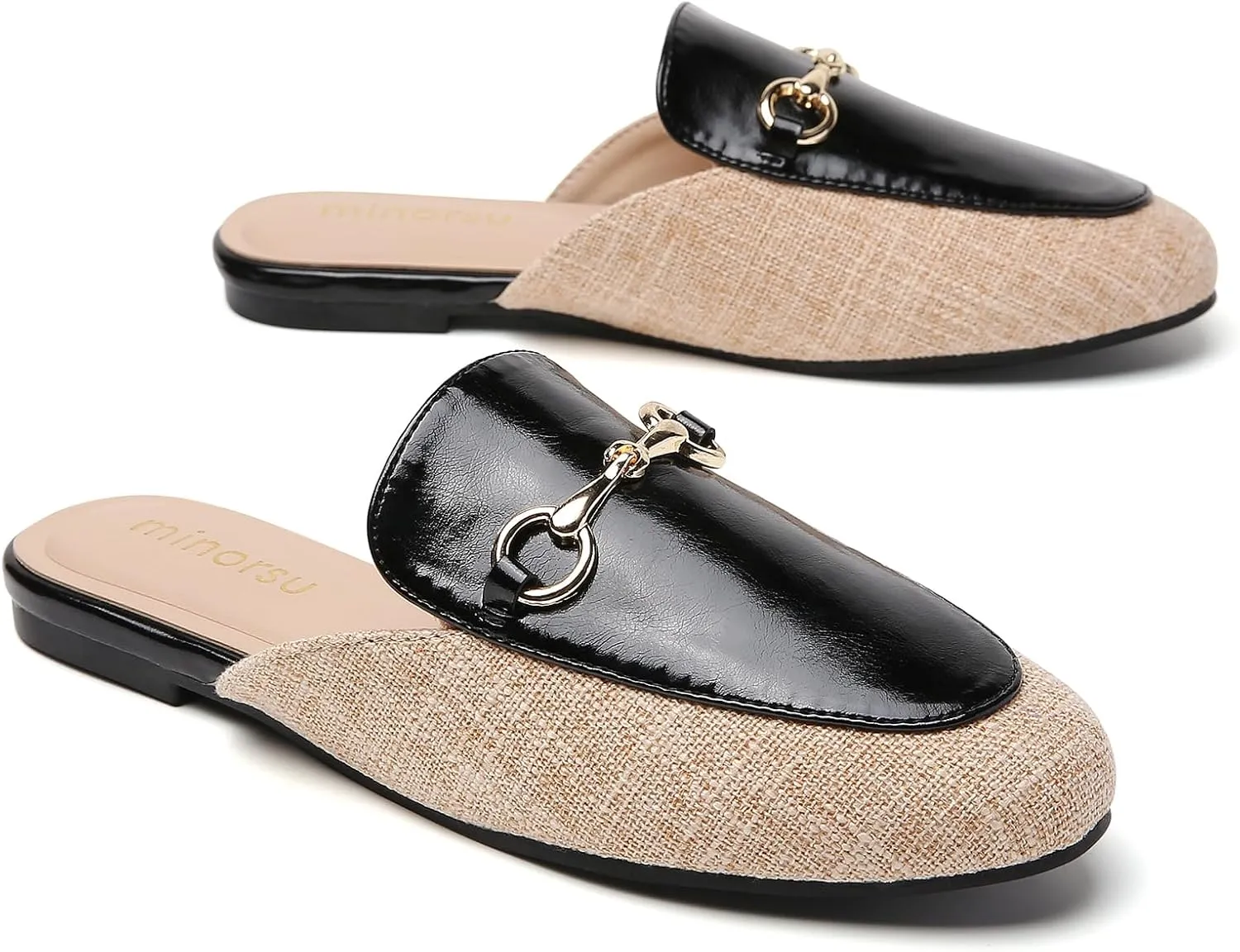 Minorsu Women's Black Animal Print Buckle Mules - Memory Foam Insole - Low Heel - Casual Mule Shoes