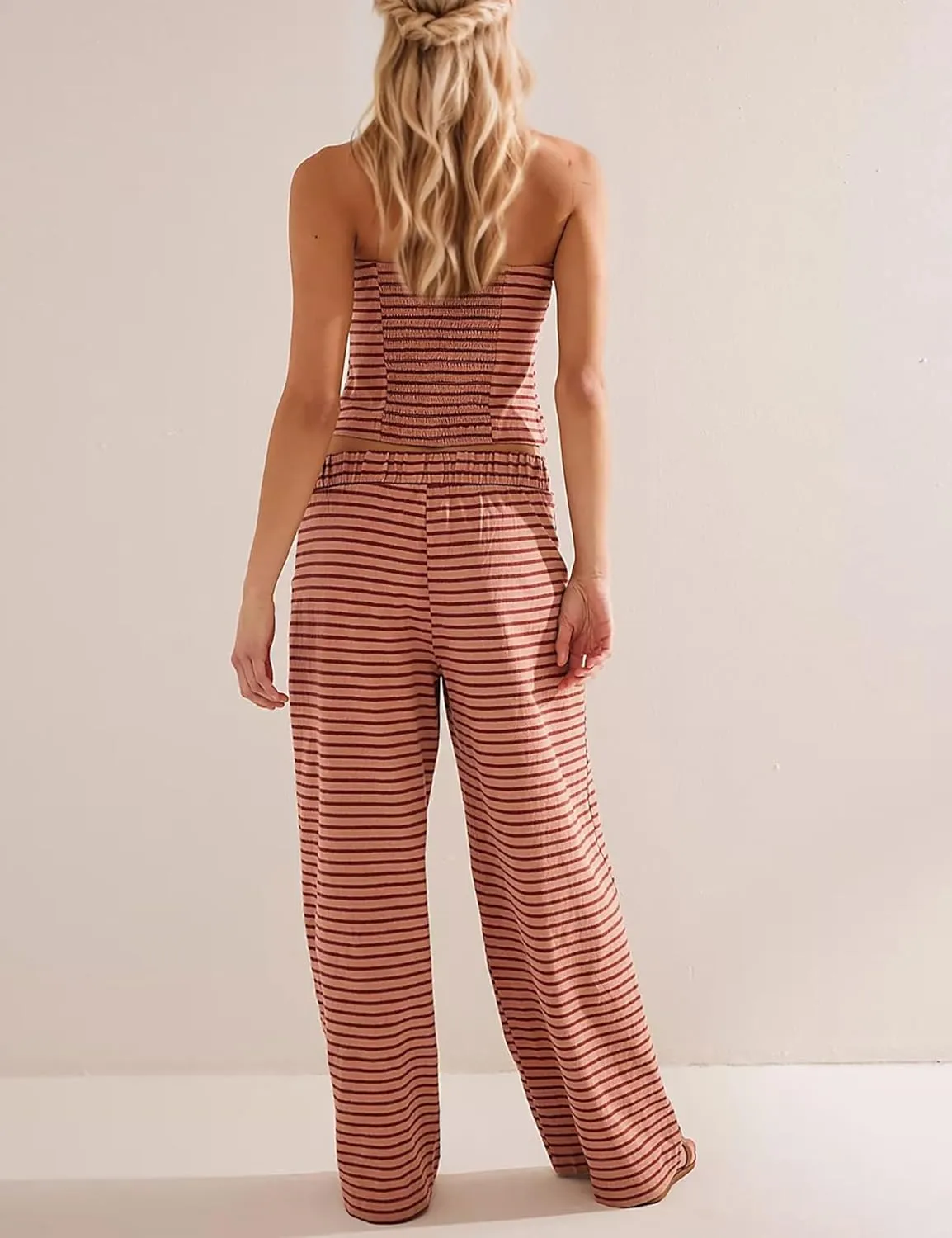 MISSACTIVER Women Sailor Tube Set 2 Piece Striped Outfits Strapless Crop Bandeau Elastic Waist Wide Leg Pants Matching Set