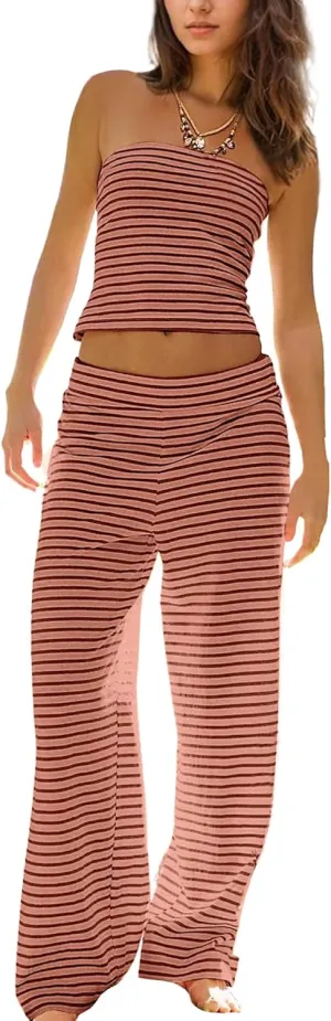 MISSACTIVER Women Sailor Tube Set 2 Piece Striped Outfits Strapless Crop Bandeau Elastic Waist Wide Leg Pants Matching Set