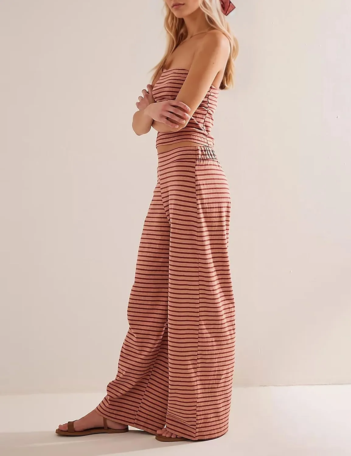 MISSACTIVER Women Sailor Tube Set 2 Piece Striped Outfits Strapless Crop Bandeau Elastic Waist Wide Leg Pants Matching Set