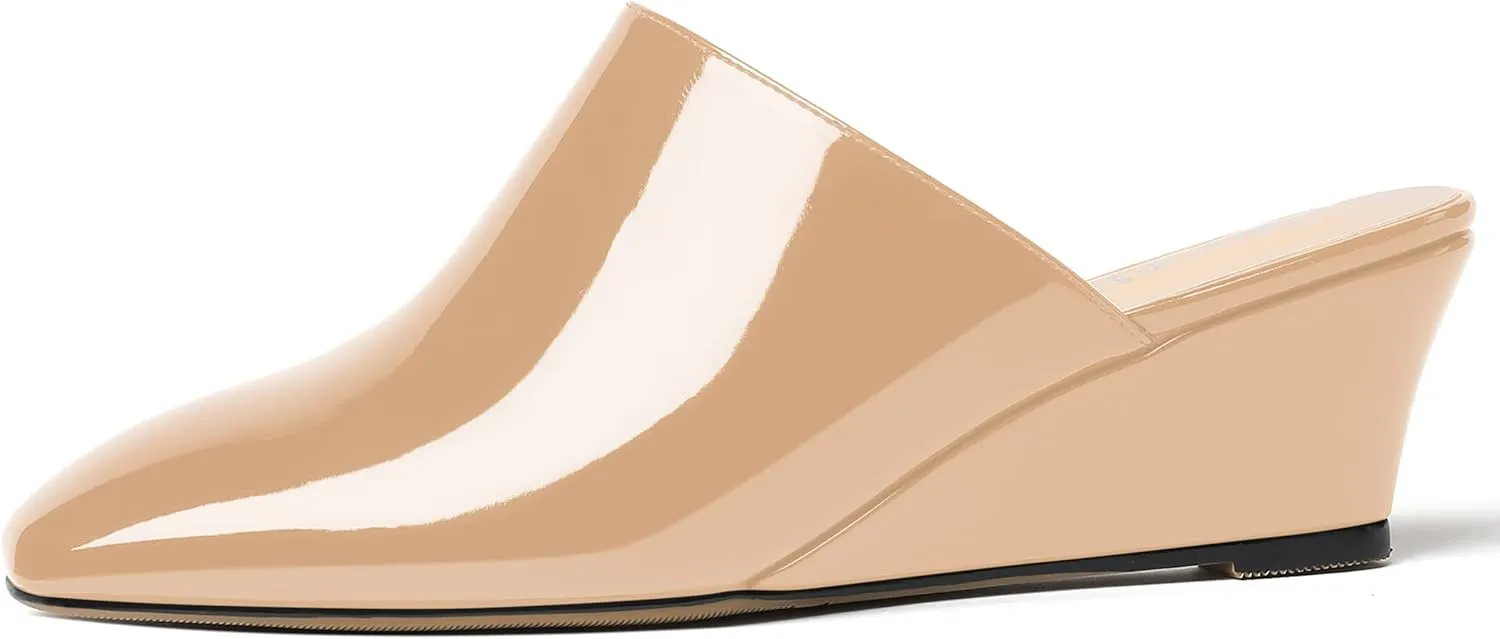MODENCOCO Women's Slip On Comfortable Patent Dating Casual Square Toe Wedge Low Heel Mules Shoes 2 Inch