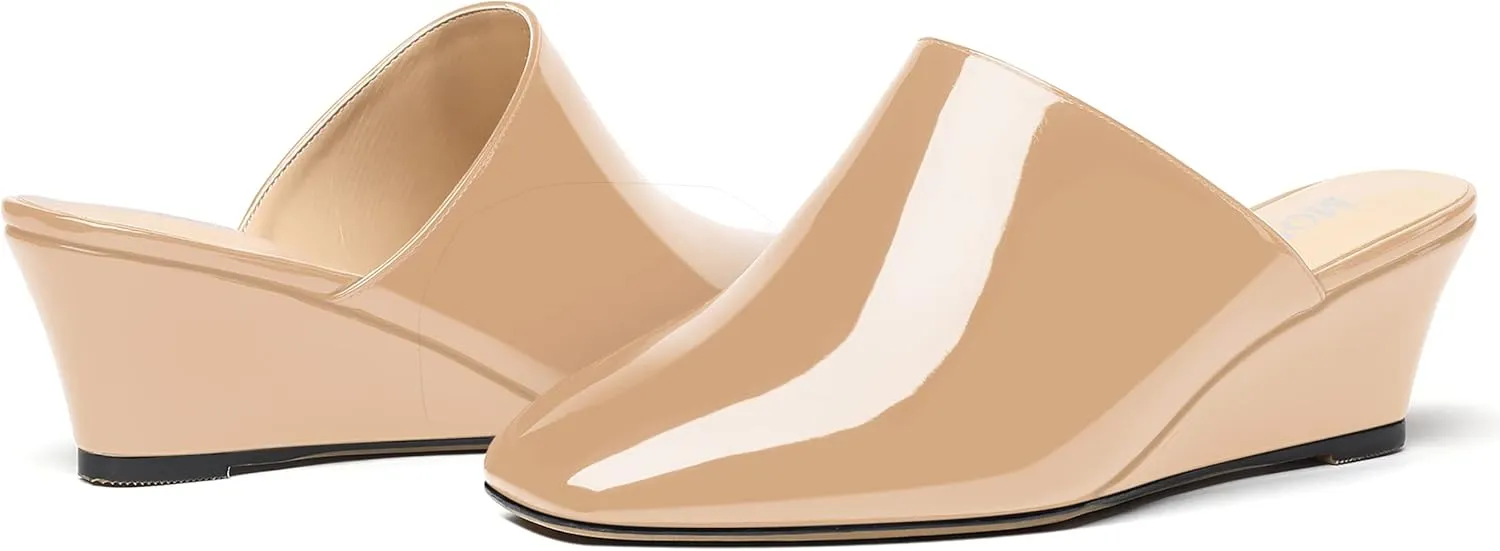 MODENCOCO Women's Slip On Comfortable Patent Dating Casual Square Toe Wedge Low Heel Mules Shoes 2 Inch