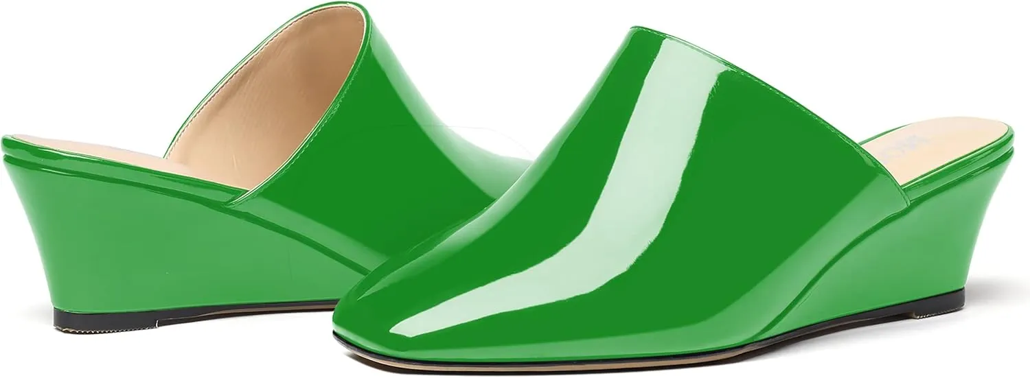 MODENCOCO Women's Slip On Comfortable Patent Dating Casual Square Toe Wedge Low Heel Mules Shoes 2 Inch
