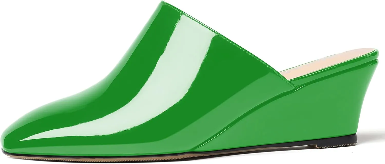 MODENCOCO Women's Slip On Comfortable Patent Dating Casual Square Toe Wedge Low Heel Mules Shoes 2 Inch