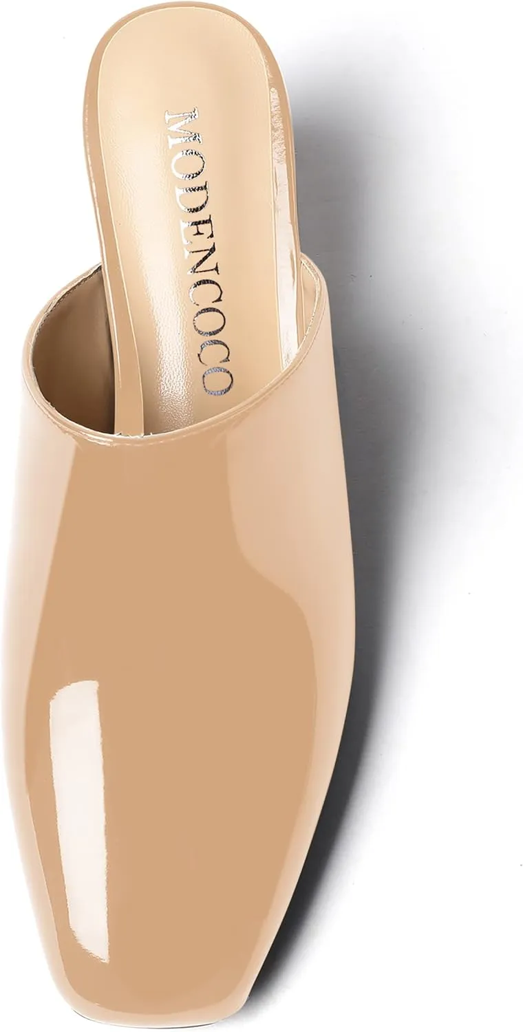 MODENCOCO Women's Slip On Comfortable Patent Dating Casual Square Toe Wedge Low Heel Mules Shoes 2 Inch