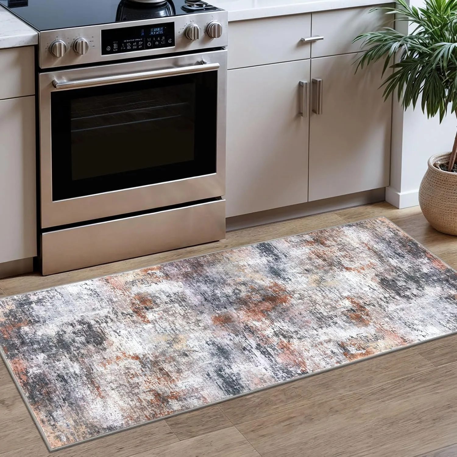 Modern Abstract Runner Rug 2x5, Grey Orange Multi Colorful Washable Kitchen Entryway Mat Non-Slip Soft Hallway Thin Print Faux Wool Carpet for Bedroom Laundry Room Indoor