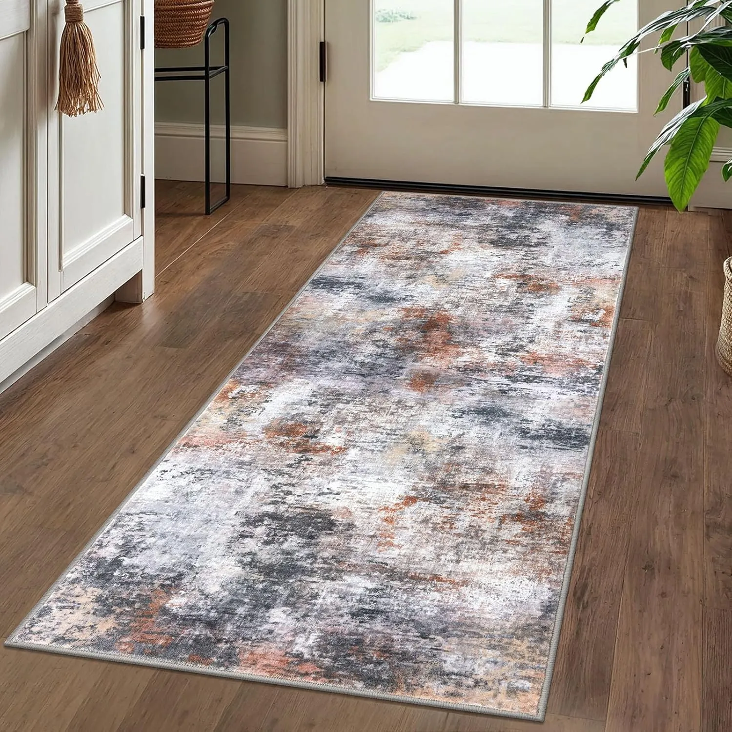 Modern Abstract Runner Rug 2x5, Grey Orange Multi Colorful Washable Kitchen Entryway Mat Non-Slip Soft Hallway Thin Print Faux Wool Carpet for Bedroom Laundry Room Indoor