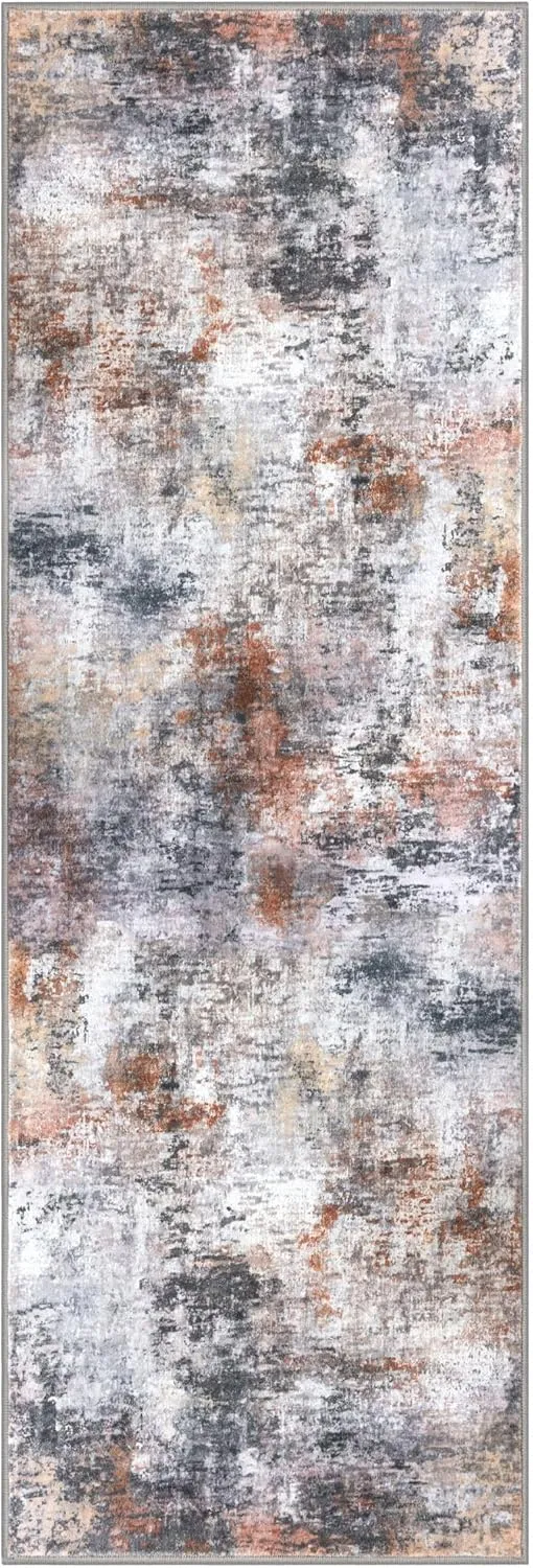 Modern Abstract Runner Rug 2x5, Grey Orange Multi Colorful Washable Kitchen Entryway Mat Non-Slip Soft Hallway Thin Print Faux Wool Carpet for Bedroom Laundry Room Indoor