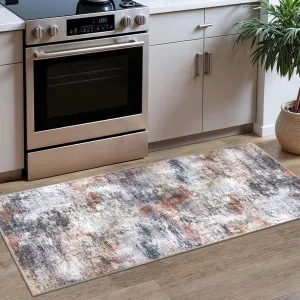 Modern Abstract Runner Rug 2x5, Grey Orange Multi Colorful Washable Kitchen Entryway Mat Non-Slip Soft Hallway Thin Print Faux Wool Carpet for Bedroom Laundry Room Indoor
