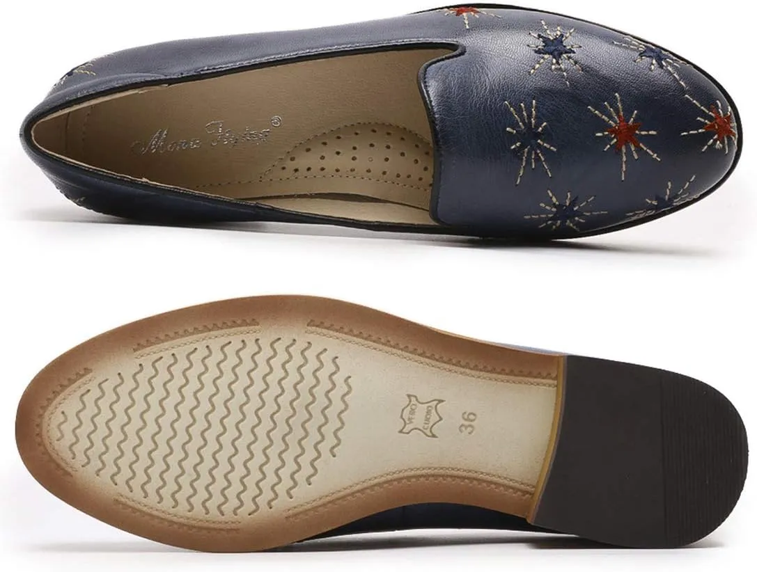 Mona flying Women's Leather Penny Loafers Slip On Flats Office Ladies Casual Shoes