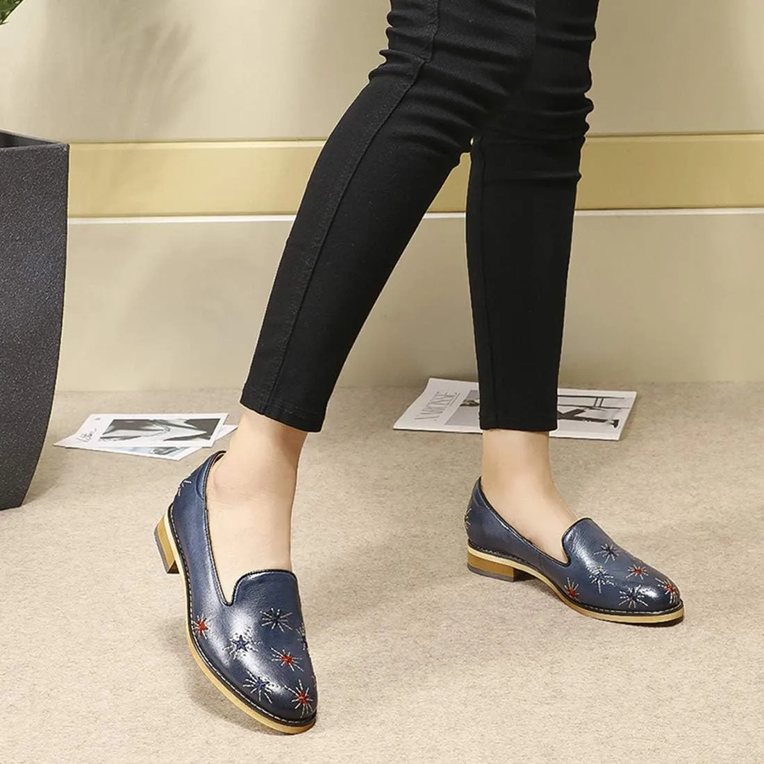 Mona flying Women's Leather Penny Loafers Slip On Flats Office Ladies Casual Shoes