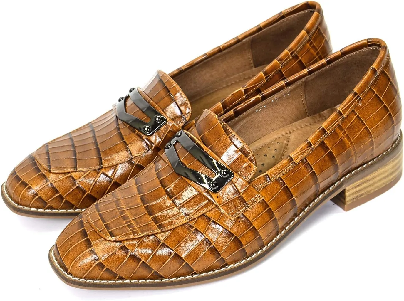 Mona flying Women's Leather Square Toe Penny Loafer Dress Casual Slip on Flat Office Work Shoes for Ladies