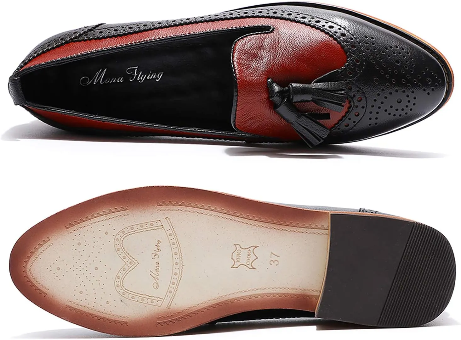 Mona flying Women's Leather Tassel Loafer Slip on Wingtip Brogue Dress Casual Flat Office Work Shoes for Ladies