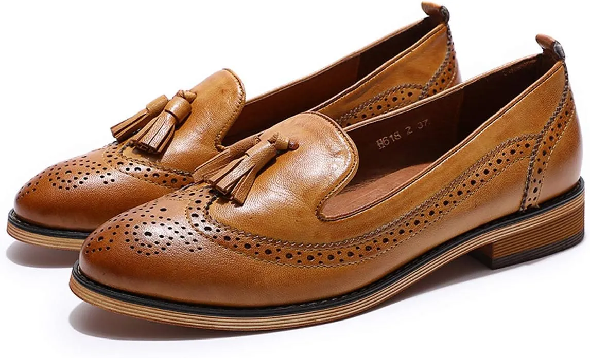 Mona flying Women's Leather Tassel Loafer Slip on Wingtip Brogue Dress Casual Flat Office Work Shoes for Ladies
