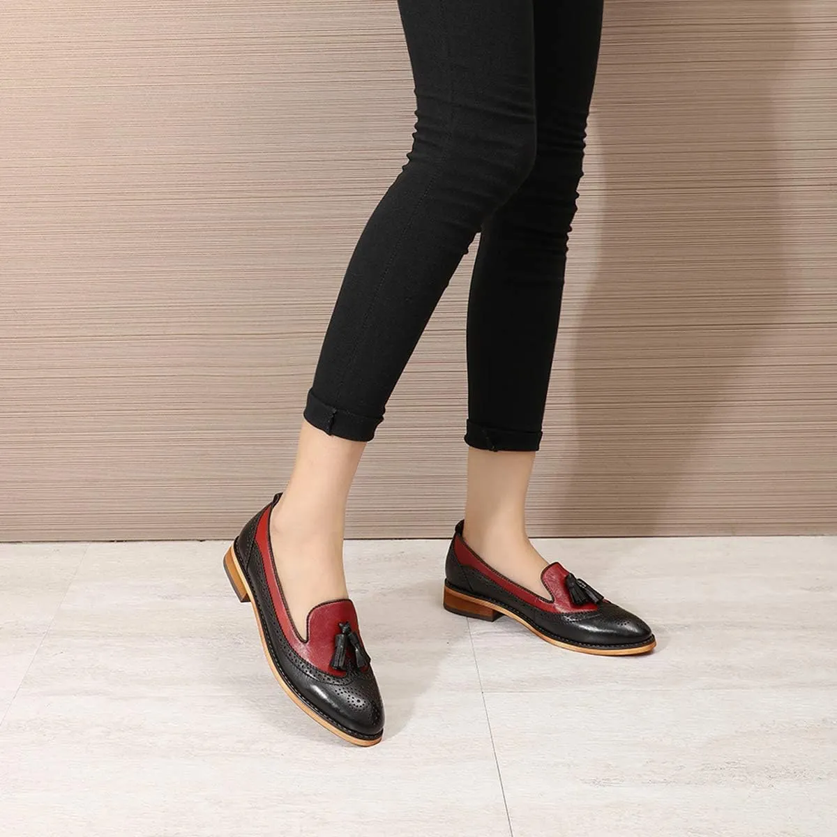 Mona flying Women's Leather Tassel Loafer Slip on Wingtip Brogue Dress Casual Flat Office Work Shoes for Ladies