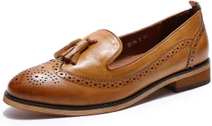 Mona flying Women's Leather Tassel Loafer Slip on Wingtip Brogue Dress Casual Flat Office Work Shoes for Ladies