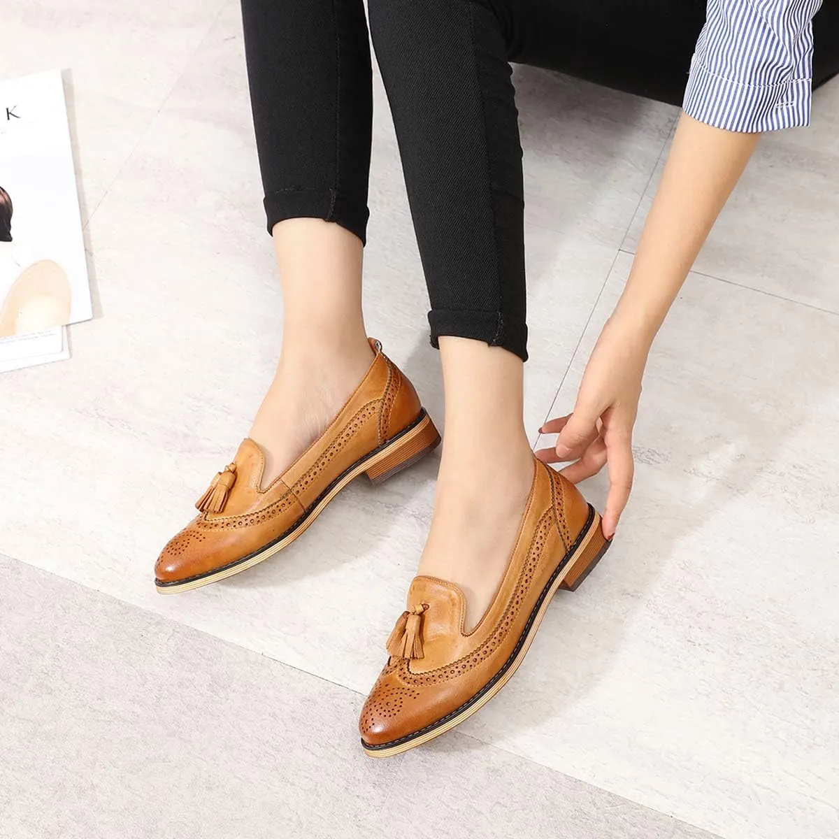 Mona flying Women's Leather Tassel Loafer Slip on Wingtip Brogue Dress Casual Flat Office Work Shoes for Ladies