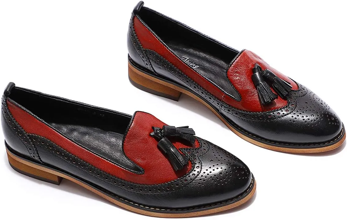 Mona flying Women's Leather Tassel Loafer Slip on Wingtip Brogue Dress Casual Flat Office Work Shoes for Ladies