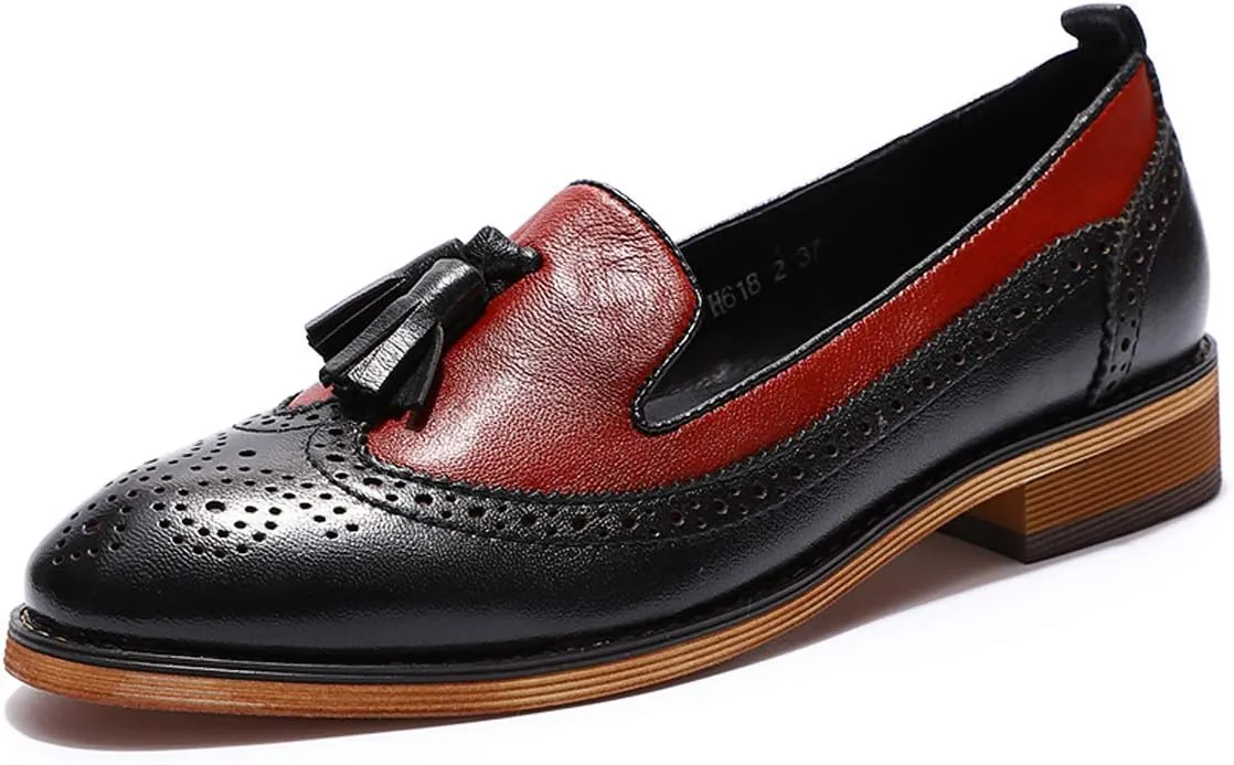 Mona flying Women's Leather Tassel Loafer Slip on Wingtip Brogue Dress Casual Flat Office Work Shoes for Ladies