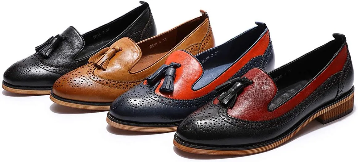 Mona flying Women's Leather Tassel Loafer Slip on Wingtip Brogue Dress Casual Flat Office Work Shoes for Ladies