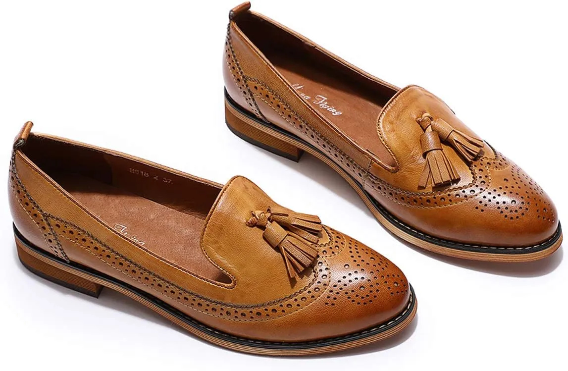 Mona flying Women's Leather Tassel Loafer Slip on Wingtip Brogue Dress Casual Flat Office Work Shoes for Ladies